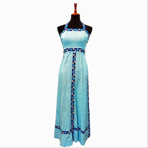Vintage 70s Halter Maxi Dress - Blue and White Plaid and Floral Embroidery Gown